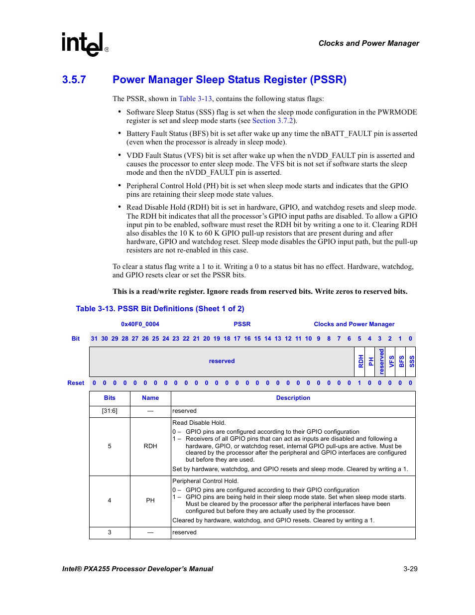 7 power manager sleep status register (pssr), Power manager sleep status register (pssr) -29, Pssr bit definitions -29 | Intel PXA255 User Manual | Page 91 / 600