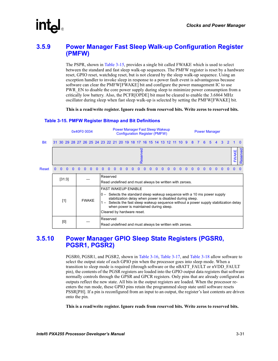 Pmfw register bitmap and bit definitions -31, Pgsr2) | Intel PXA255 User Manual | Page 93 / 600