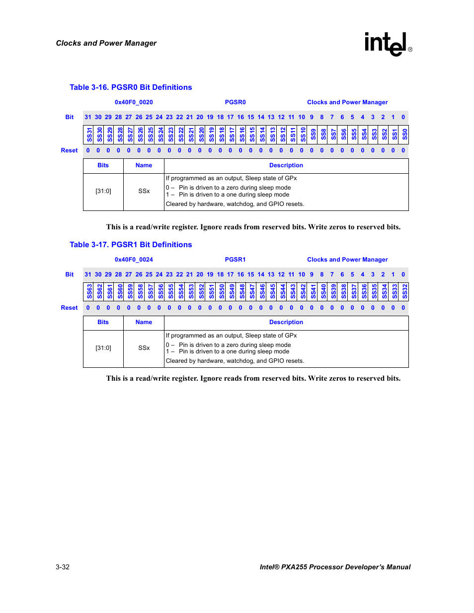 Pgsr0 bit definitions -32, Pgsr1 bit definitions -32, Table 3-16 | Table 3-17 | Intel PXA255 User Manual | Page 94 / 600