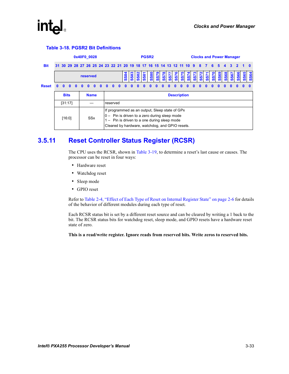 11 reset controller status register (rcsr), 11 reset controller status register (rcsr) -33, Pgsr2 bit definitions -33 | Table 3-18 | Intel PXA255 User Manual | Page 95 / 600