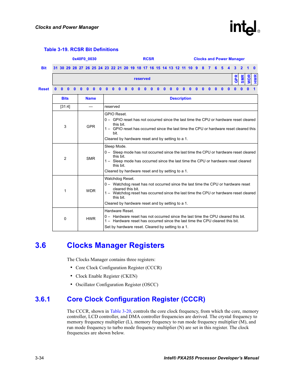 6 clocks manager registers, 1 core clock configuration register (cccr), Clocks manager registers -34 3.6.1 | Core clock configuration register (cccr) -34, Rcsr bit definitions -34, Section 3.6.1, Table 3-19 | Intel PXA255 User Manual | Page 96 / 600