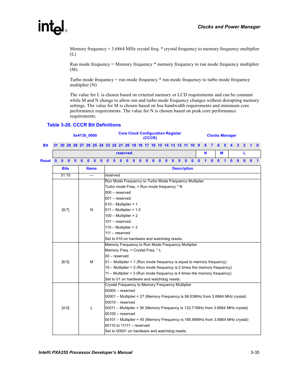 Cccr bit definitions -35 | Intel PXA255 User Manual | Page 97 / 600