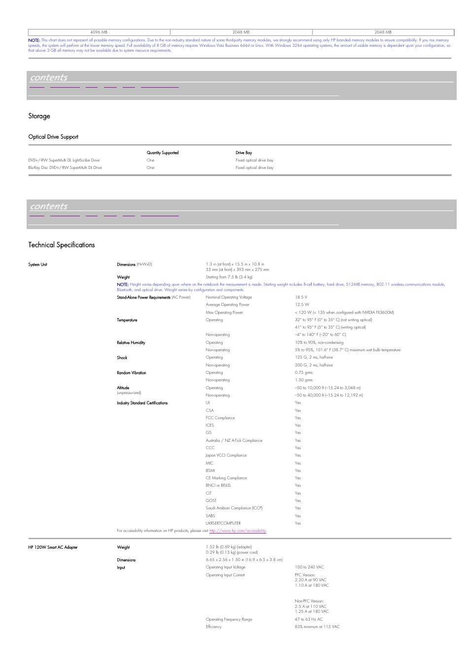 Storage, Technical specifications | Intel HP8710w User Manual | Page 7 / 13