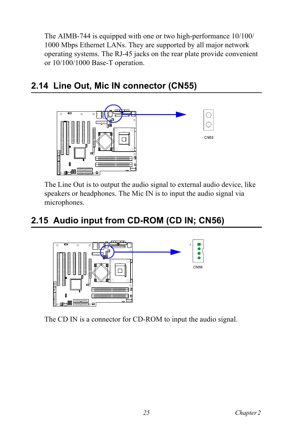 14 line out, mic in connector (cn55), 15 audio input from cd-rom (cd in; cn56) | Intel Socket 478 AIMB-744 User Manual | Page 39 / 108