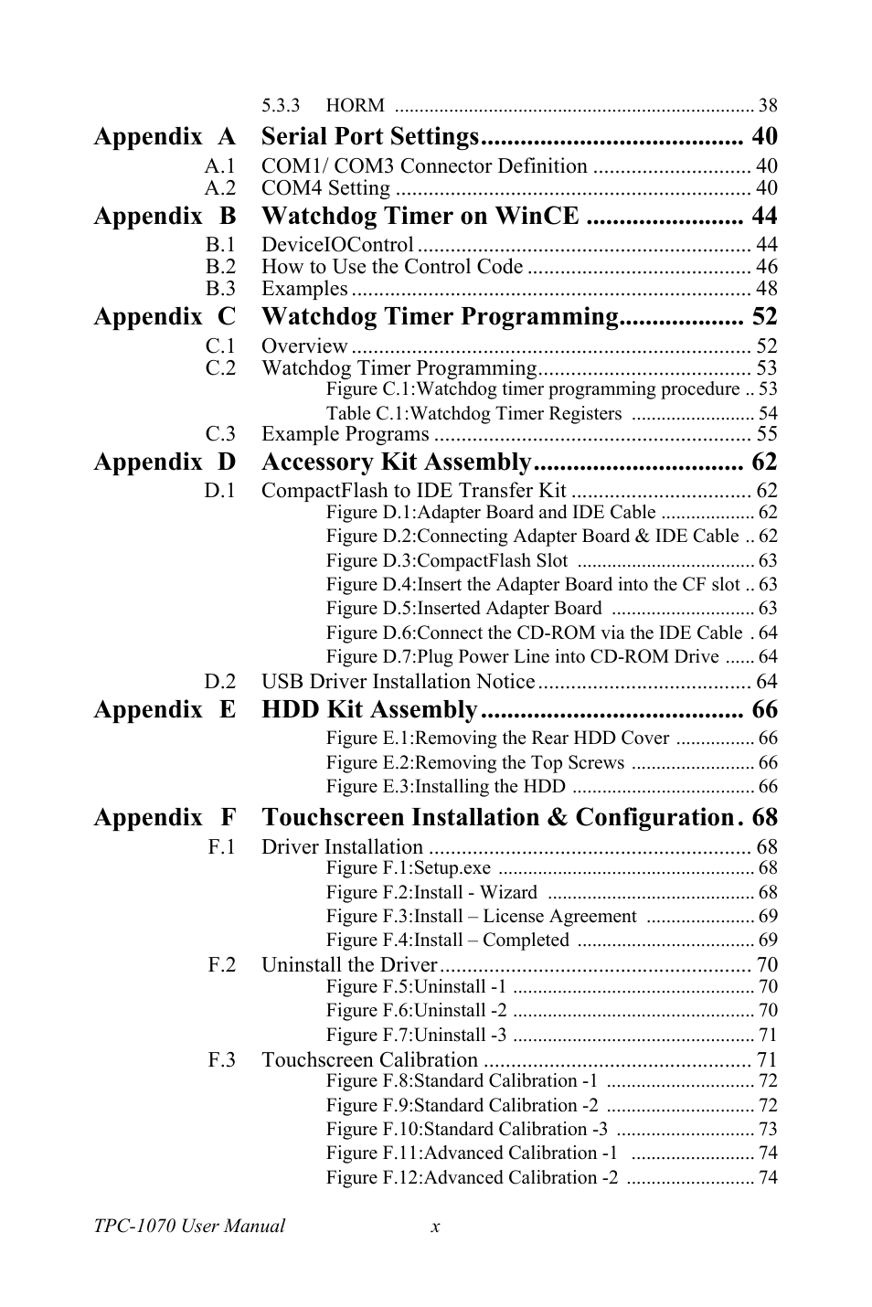 Appendix a serial port settings, Appendix b watchdog timer on wince, Appendix c watchdog timer programming | Appendix d accessory kit assembly, Appendix e hdd kit assembly | Intel TPC-1070 User Manual | Page 10 / 92