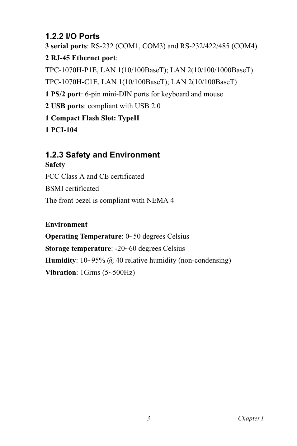 2 i/o ports, 3 safety and environment, I/o ports | Safety and environment | Intel TPC-1070 User Manual | Page 15 / 92