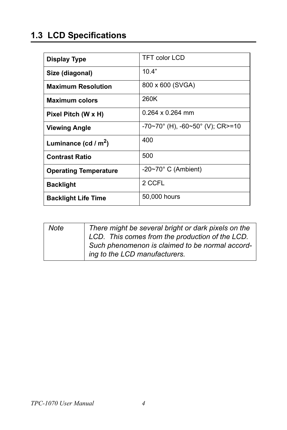 3 lcd specifications, Lcd specifications | Intel TPC-1070 User Manual | Page 16 / 92