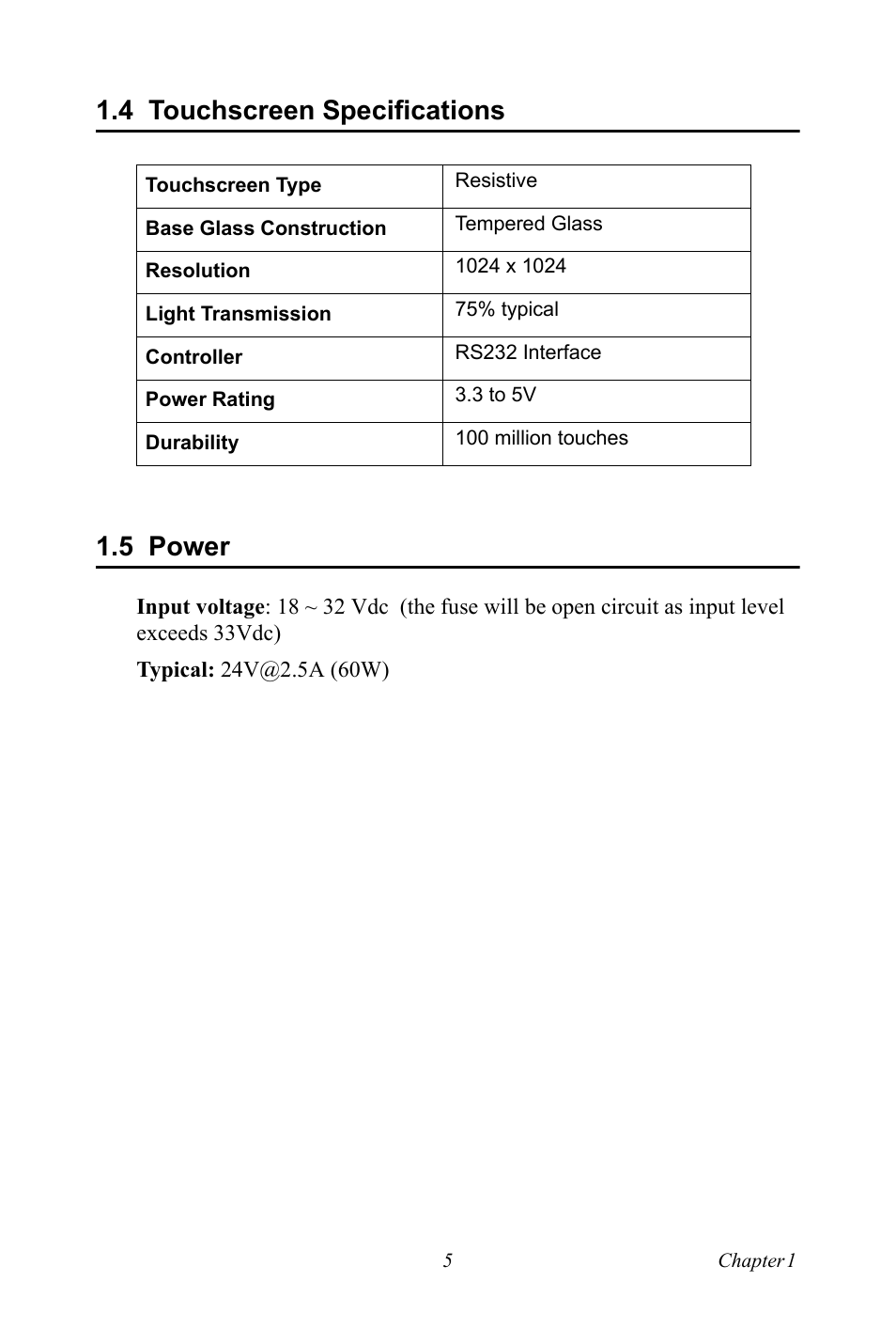 4 touchscreen specifications, 5 power, Touchscreen specifications | Power, 4 touchscreen specifications 1.5 power | Intel TPC-1070 User Manual | Page 17 / 92