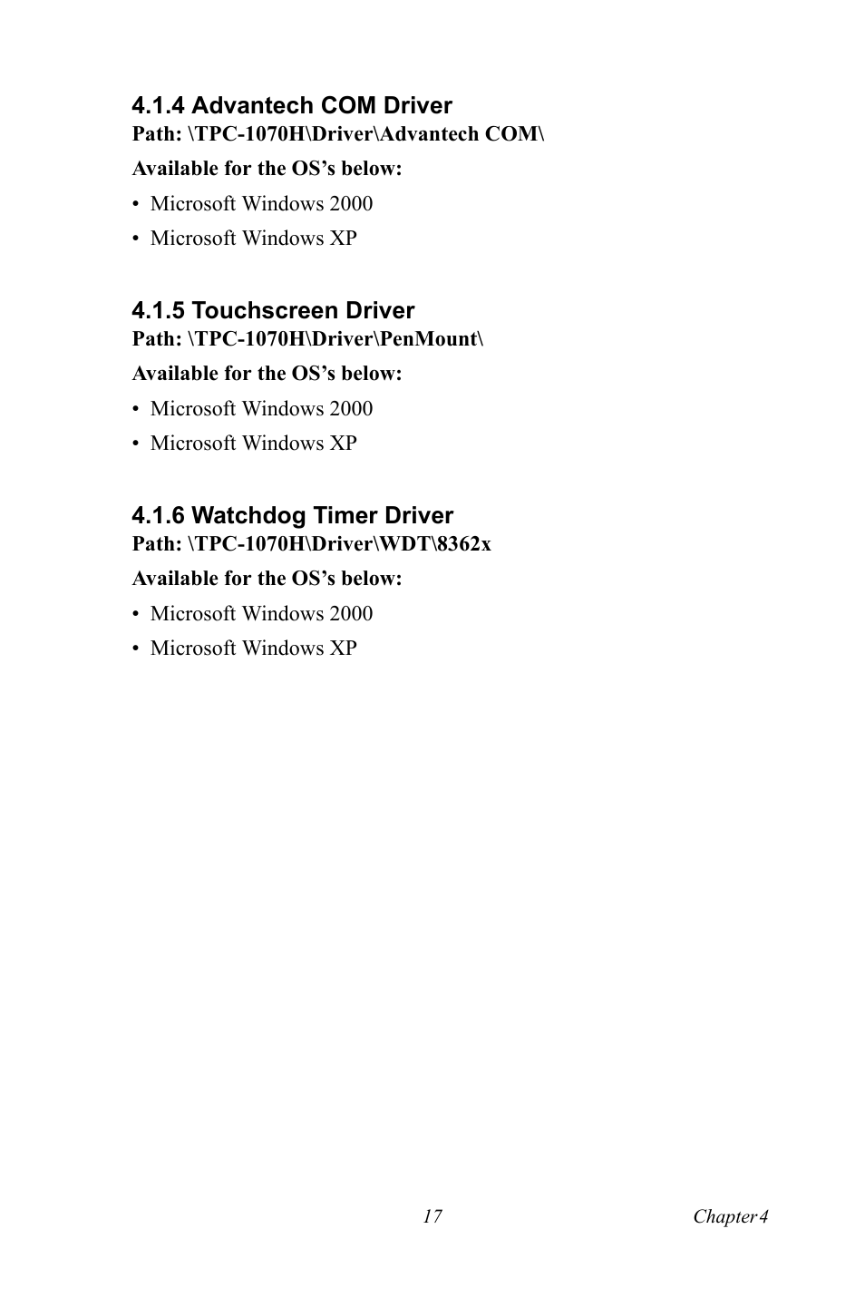 4 advantech com driver, 5 touchscreen driver, 6 watchdog timer driver | Advantech com driver, Touchscreen driver, Watchdog timer driver | Intel TPC-1070 User Manual | Page 29 / 92