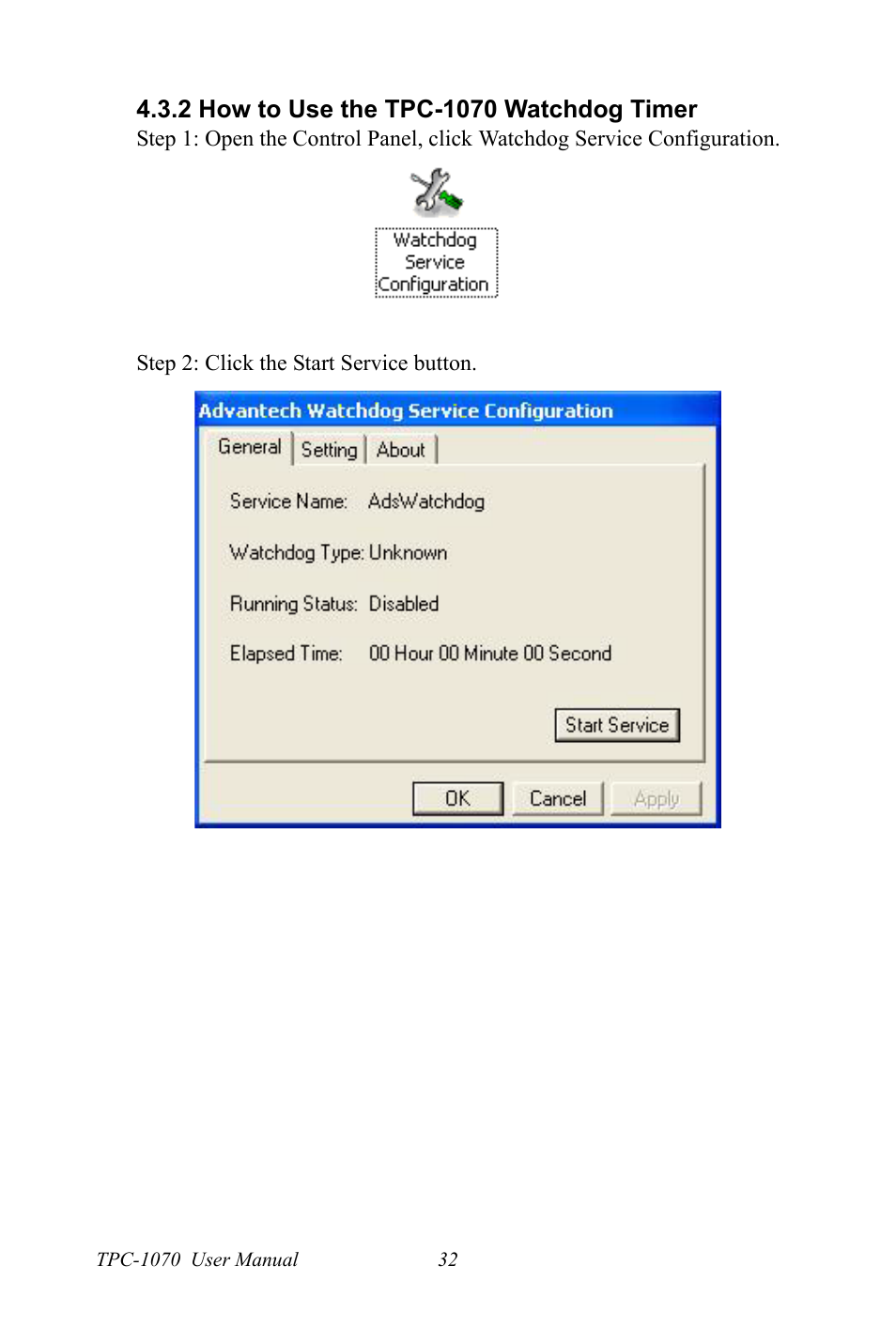 2 how to use the tpc-1070 watchdog timer, How to use the tpc-1070 watchdog timer | Intel TPC-1070 User Manual | Page 44 / 92