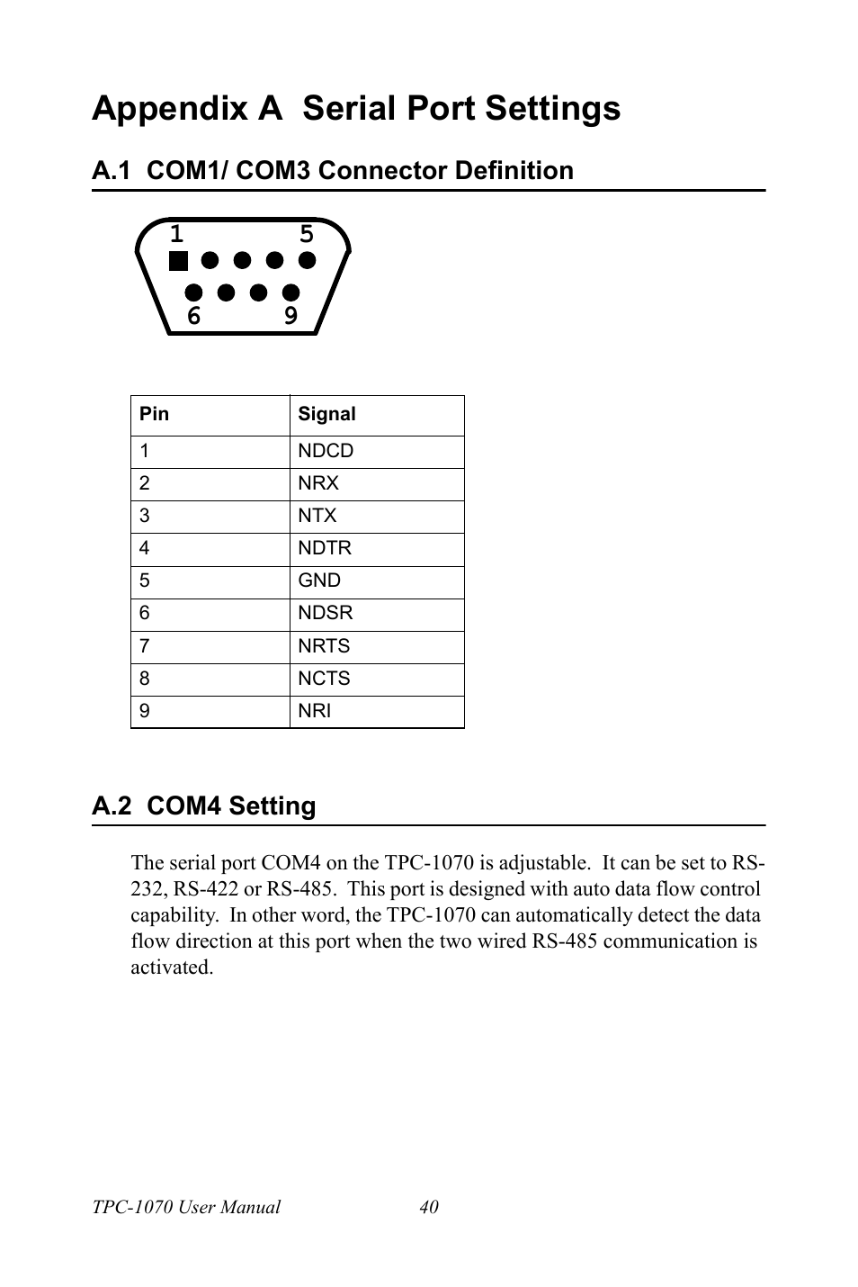 Appendix a serial port settings, A.1 com1/ com3 connector definition, A.2 com4 setting | Com1/ com3 connector definition, Com4 setting | Intel TPC-1070 User Manual | Page 52 / 92