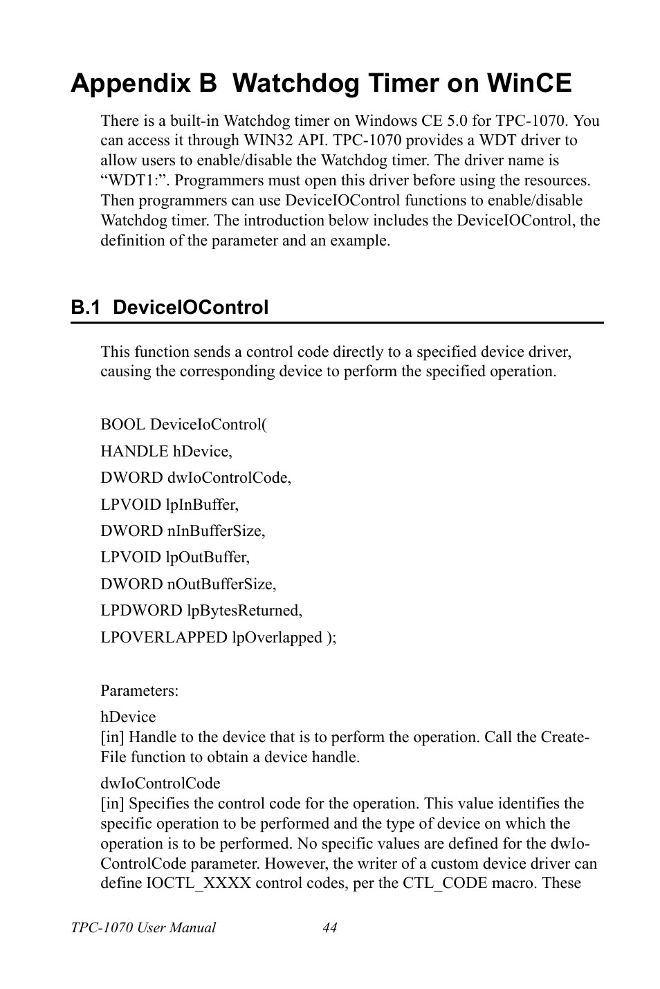 Appendix b watchdog timer on wince, B.1 deviceiocontrol, Deviceiocontrol | Intel TPC-1070 User Manual | Page 56 / 92