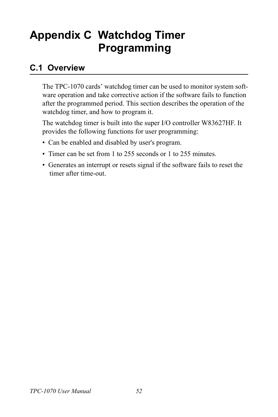 Appendix c watchdog timer programming, C.1 overview, Overview | Intel TPC-1070 User Manual | Page 64 / 92