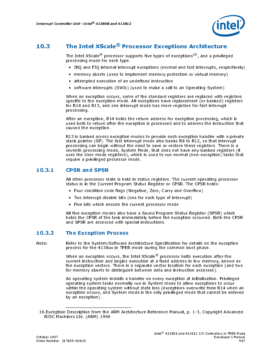 1 cpsr and spsr, 2 the exception process, 3 the intel xscale | Intel CONTROLLERS 413808 User Manual | Page 567 / 824