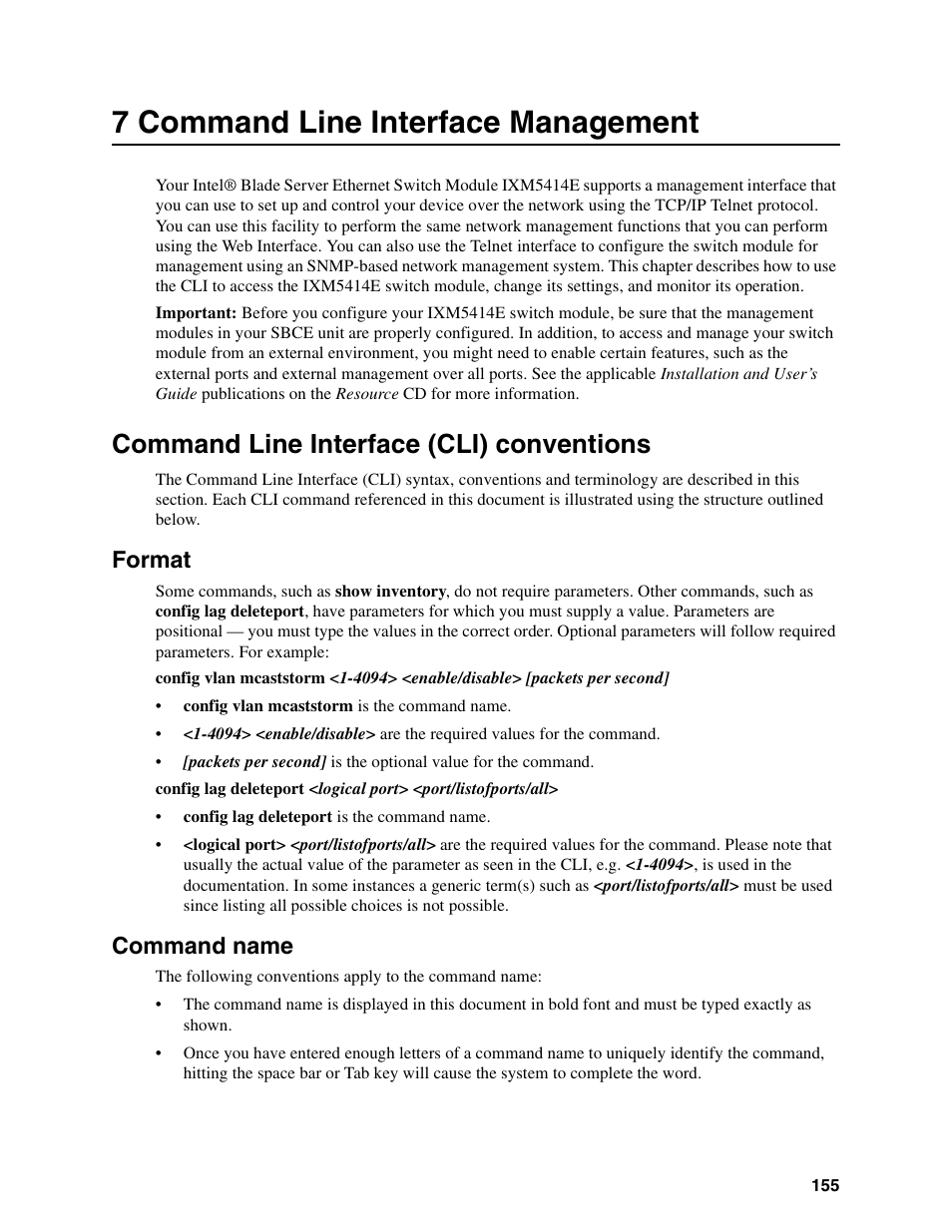 7 command line interface management, Command line interface (cli) conventions, Format | Command name | Intel IXM5414E User Manual | Page 165 / 294