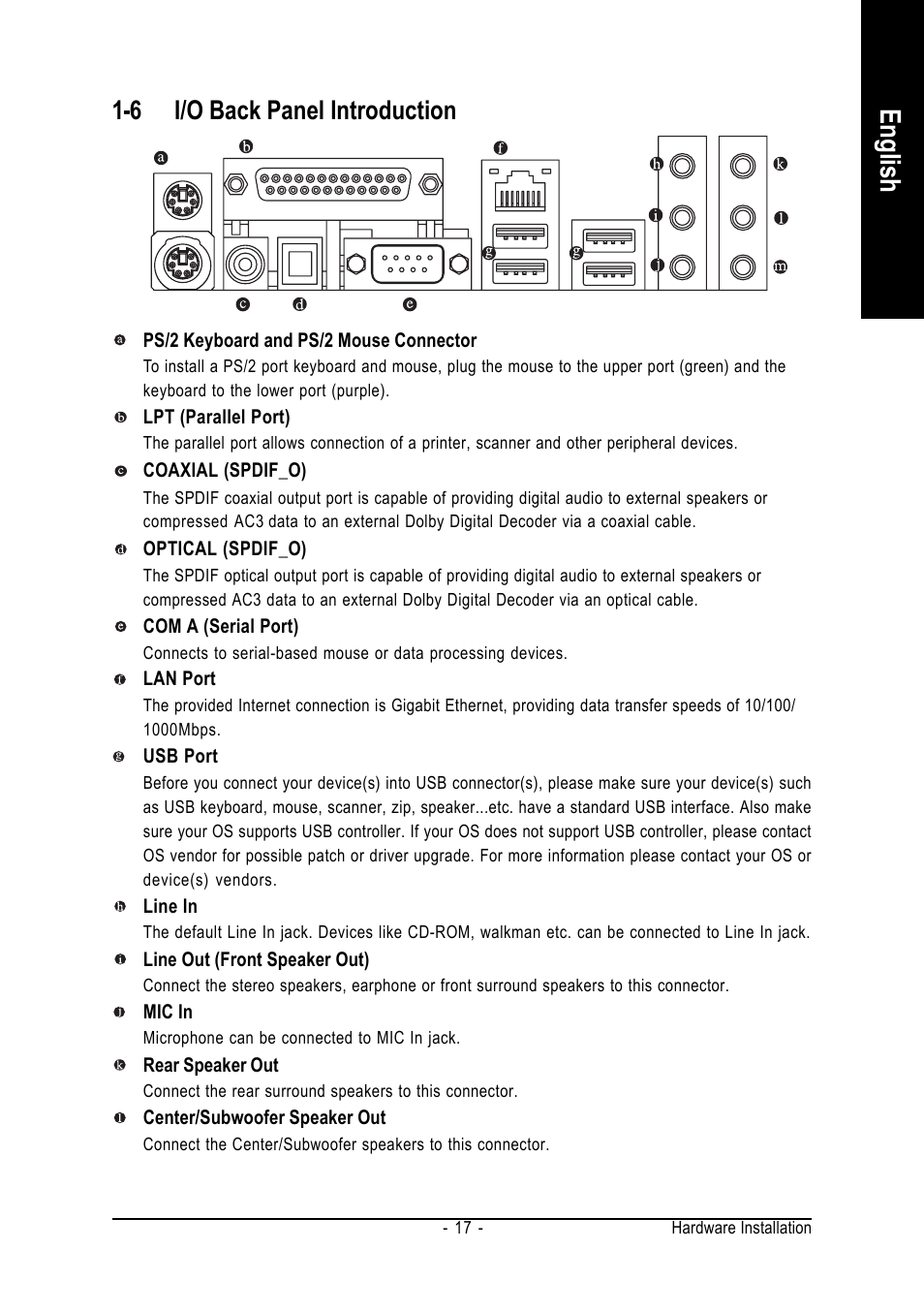English, 6 i/o back panel introduction | Intel GA-8N775 User Manual | Page 17 / 88