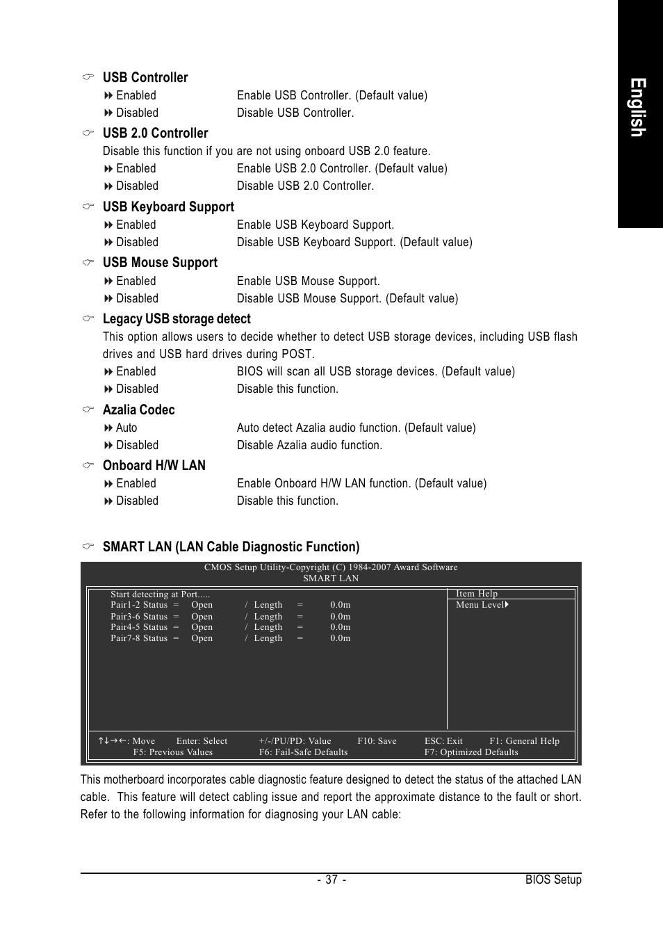 English, Usb controller, Usb 2.0 controller | Usb keyboard support, Usb mouse support, Legacy usb storage detect, Azalia codec, Onboard h/w lan, Smart lan (lan cable diagnostic function) | Intel GA-945PL-S3P User Manual | Page 37 / 72