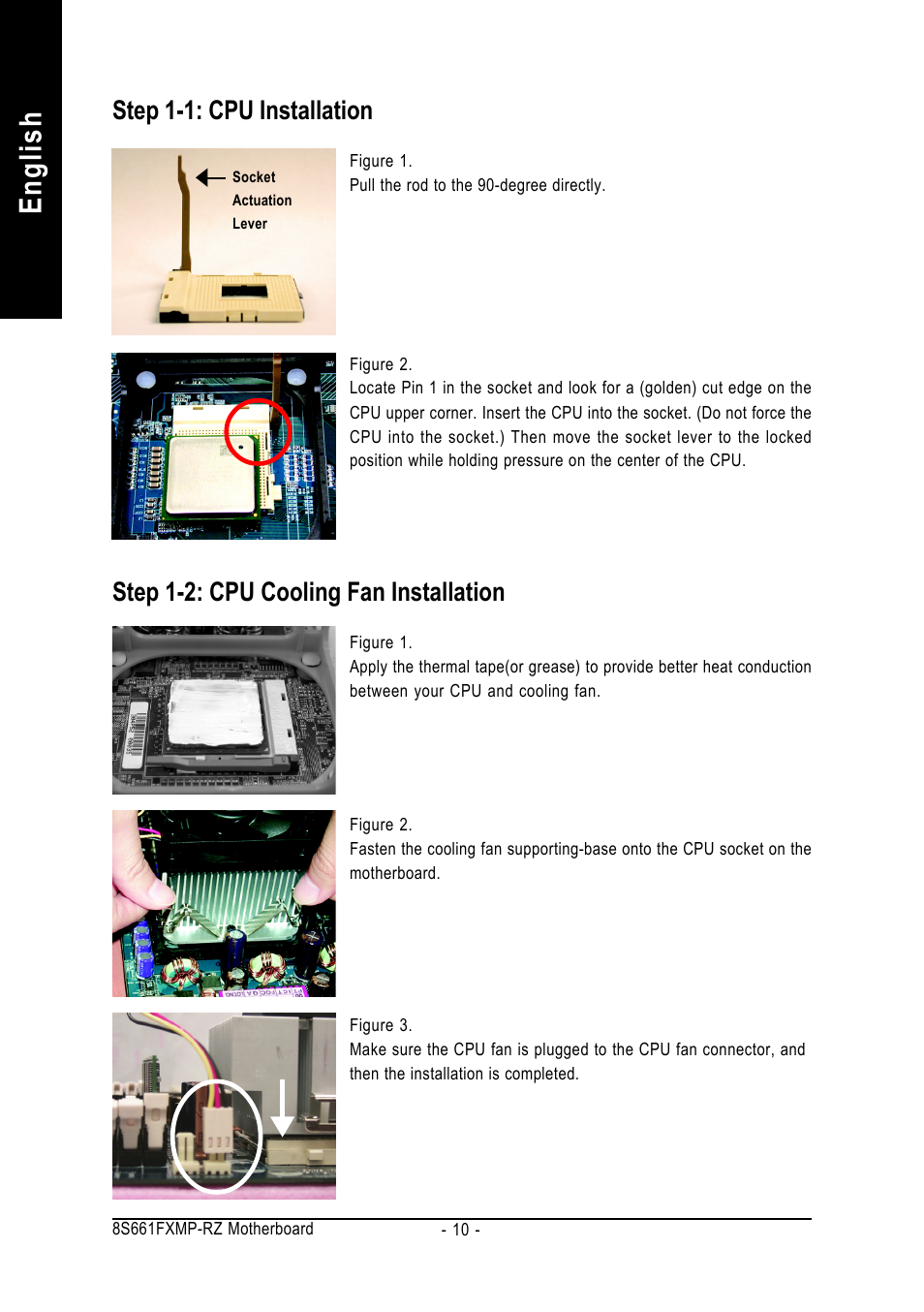 English, Step 1-1: cpu installation, Step 1-2: cpu cooling fan installation | GIGABYTE 8S661FXMP-RZ User Manual | Page 10 / 40