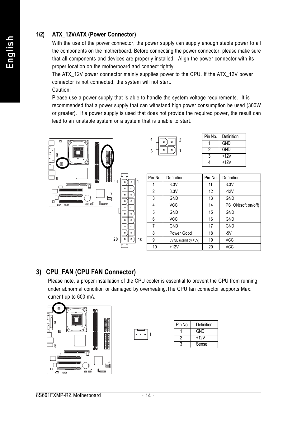 English, 3) cpu_fan (cpu fan connector), 1/2) atx_12v/atx (power connector) | GIGABYTE 8S661FXMP-RZ User Manual | Page 14 / 40