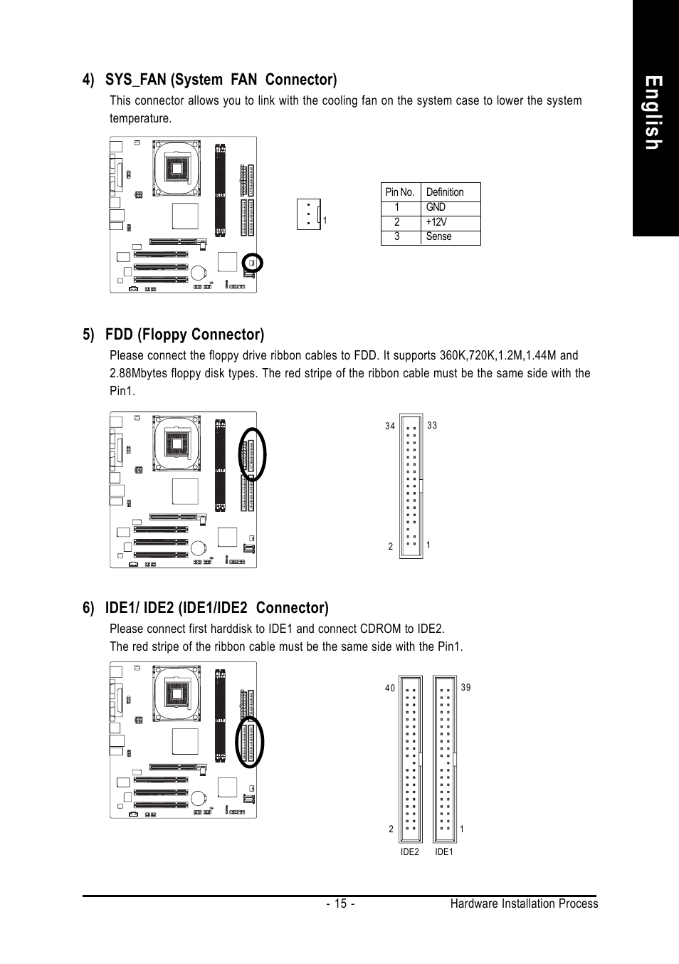 English, 4) sys_fan (system fan connector), 5) fdd (floppy connector) | GIGABYTE 8S661FXMP-RZ User Manual | Page 15 / 40