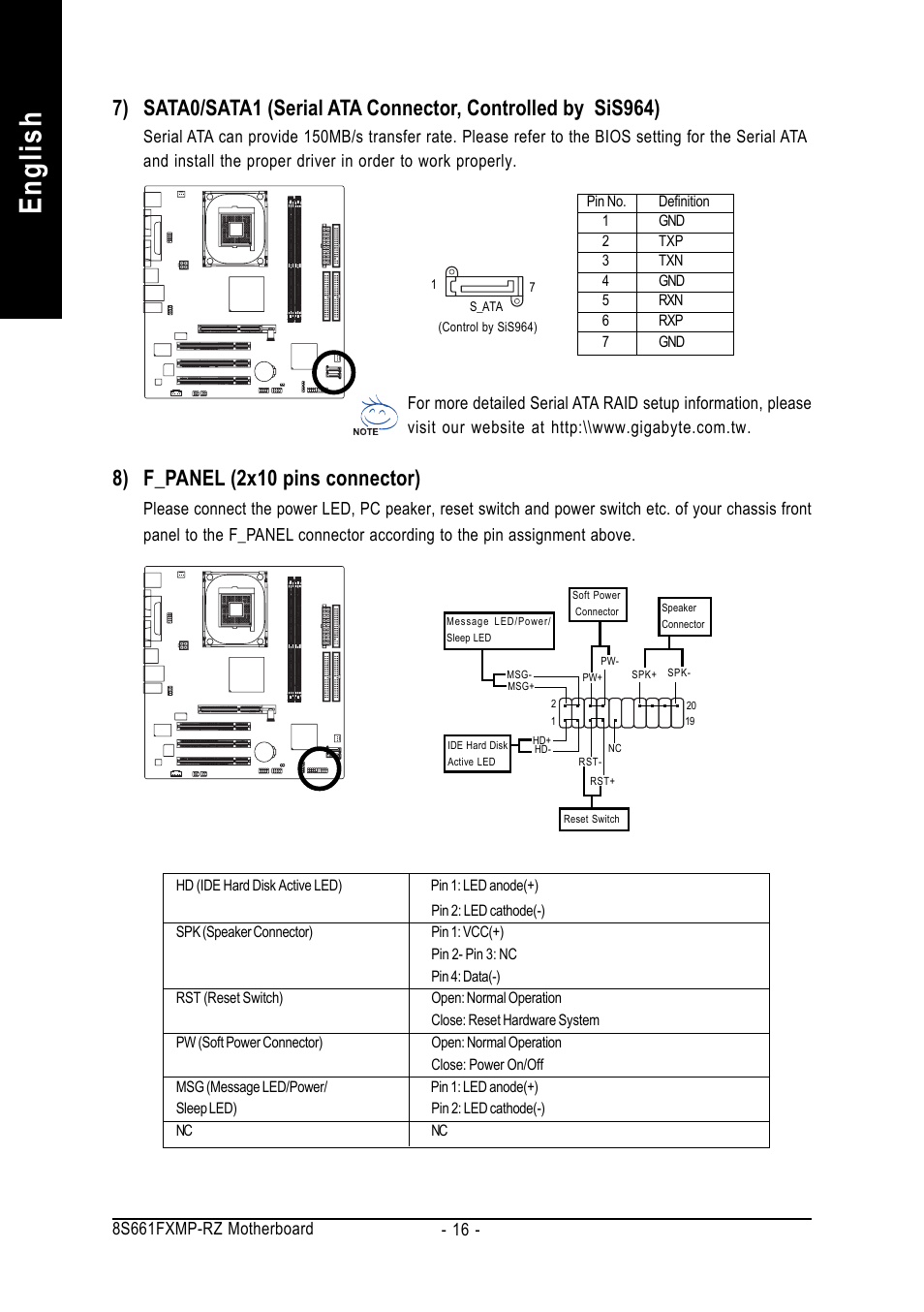 English, 8) f_panel (2x10 pins connector) | GIGABYTE 8S661FXMP-RZ User Manual | Page 16 / 40