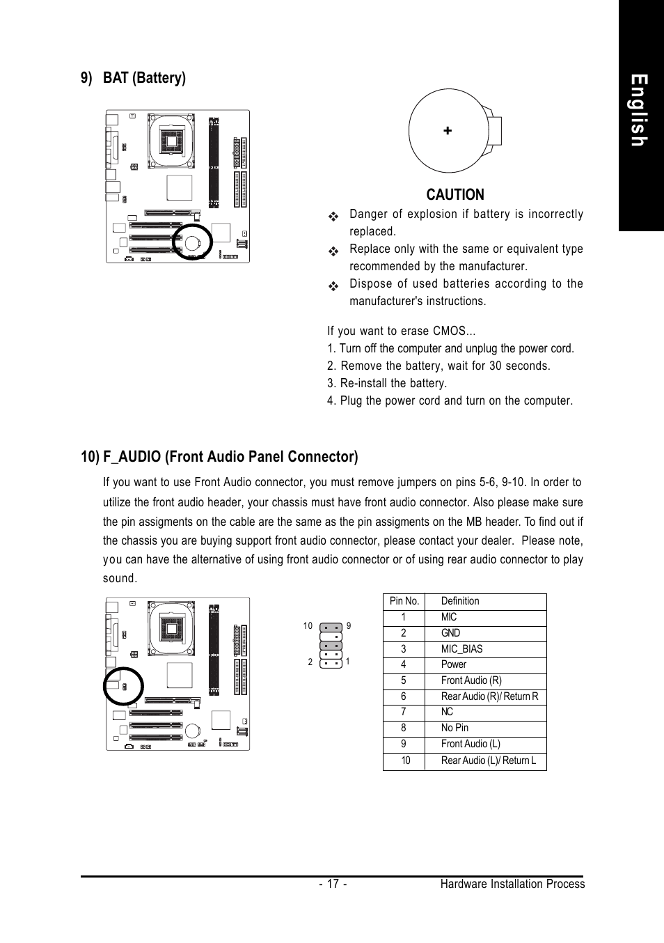 English, 9) bat (battery) caution, 10) f_audio (front audio panel connector) | GIGABYTE 8S661FXMP-RZ User Manual | Page 17 / 40