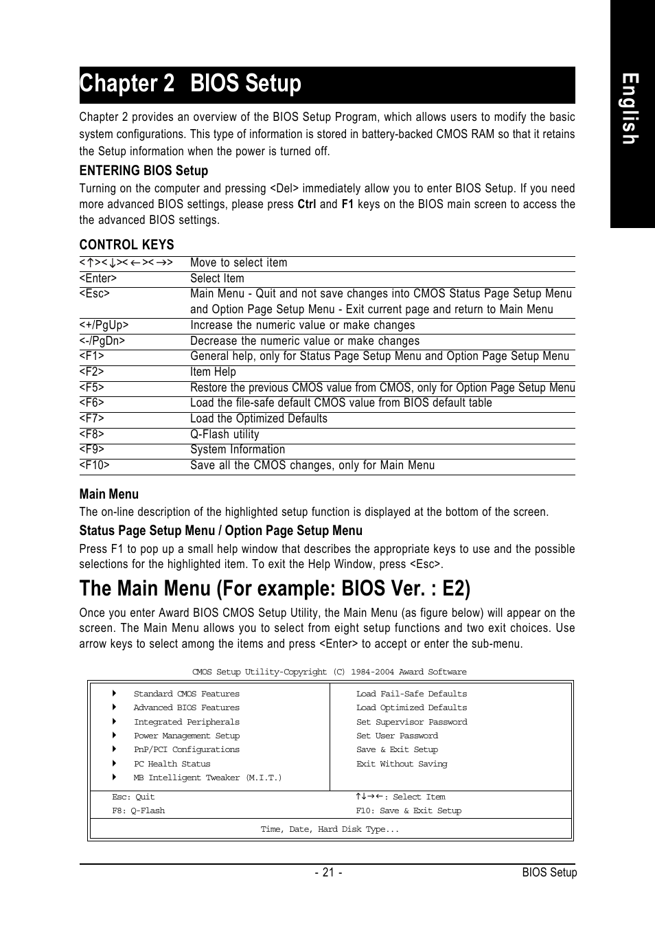 Chapter 2 bios setup, English, The main menu (for example: bios ver. : e2) | GIGABYTE 8S661FXMP-RZ User Manual | Page 21 / 40