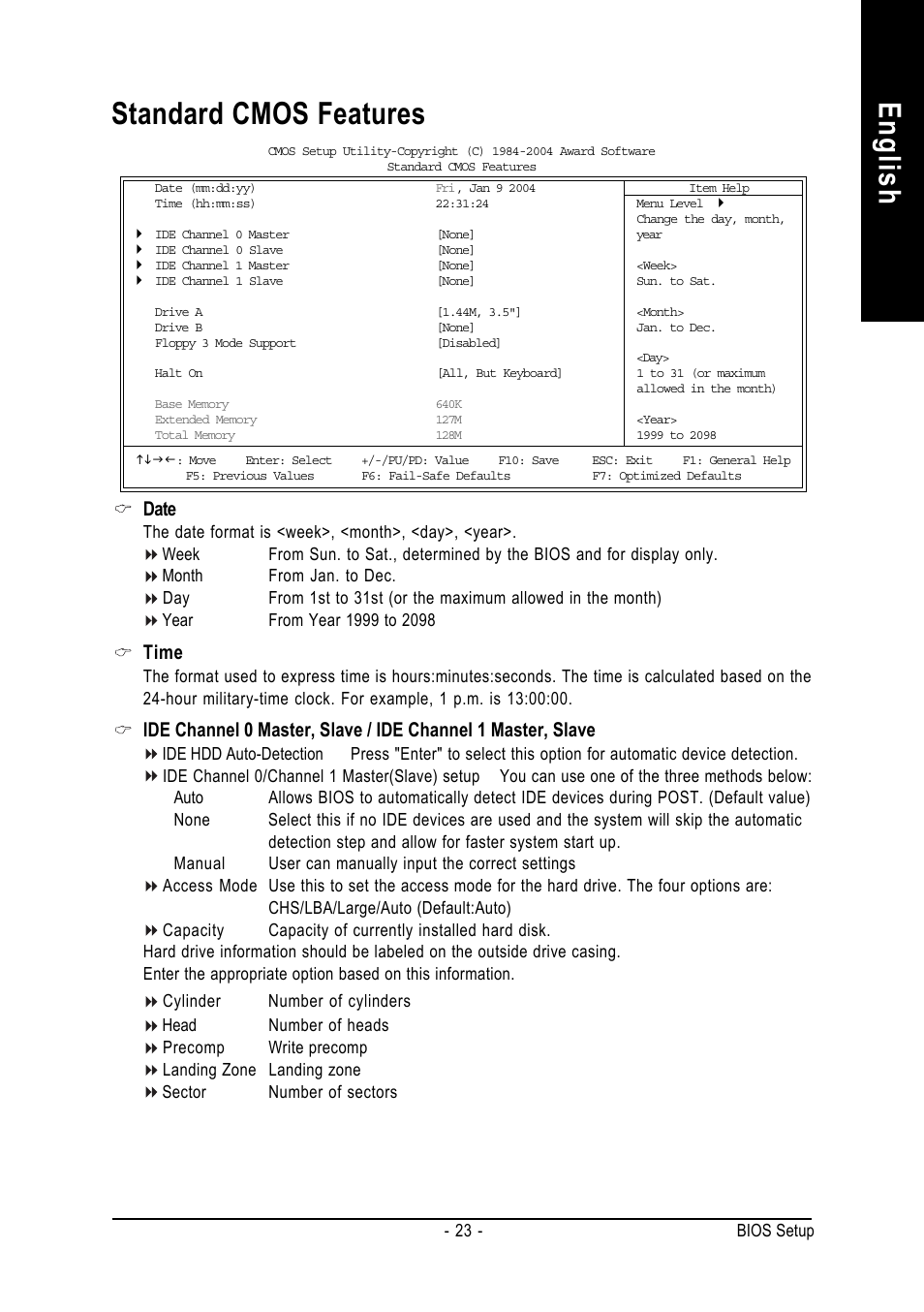 English standard cmos features, Date, Time | GIGABYTE 8S661FXMP-RZ User Manual | Page 23 / 40