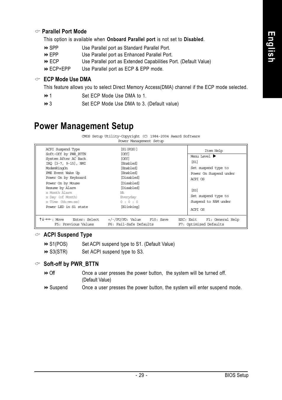 English power management setup, Acpi suspend type, Soft-off by pwr_bttn | Parallel port mode, Ecp mode use dma | GIGABYTE 8S661FXMP-RZ User Manual | Page 29 / 40