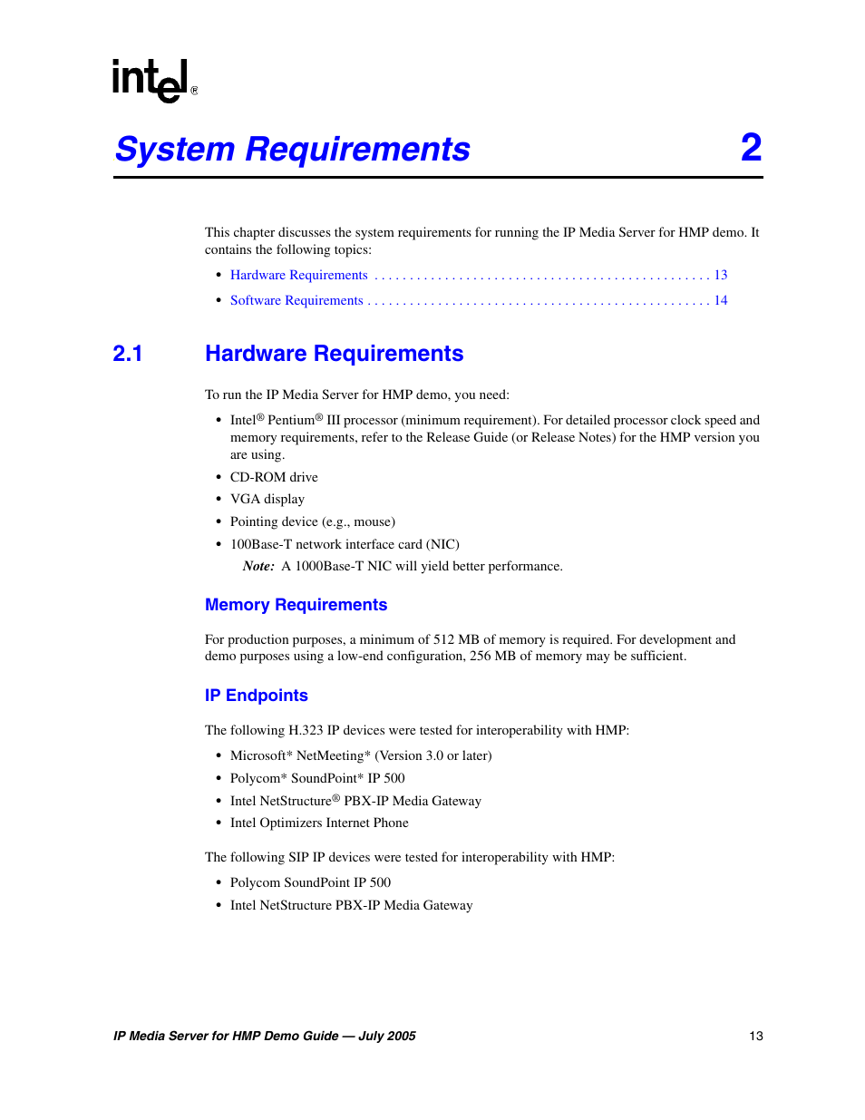 System requirements, 1 hardware requirements, Hardware requirements | Chapter 2, “system requirements | Intel IP Media Server User Manual | Page 13 / 56