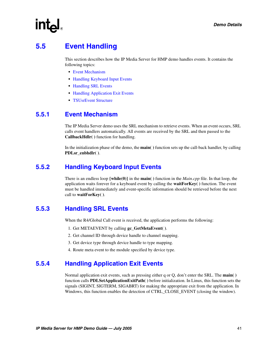 5 event handling, 1 event mechanism, 2 handling keyboard input events | 3 handling srl events, 4 handling application exit events, Event handling 5.5.1, Event mechanism, Handling keyboard input events, Handling srl events, Handling application exit events | Intel IP Media Server User Manual | Page 41 / 56