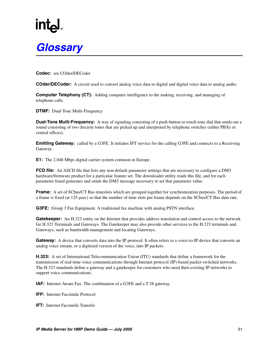 Glossary | Intel IP Media Server User Manual | Page 51 / 56