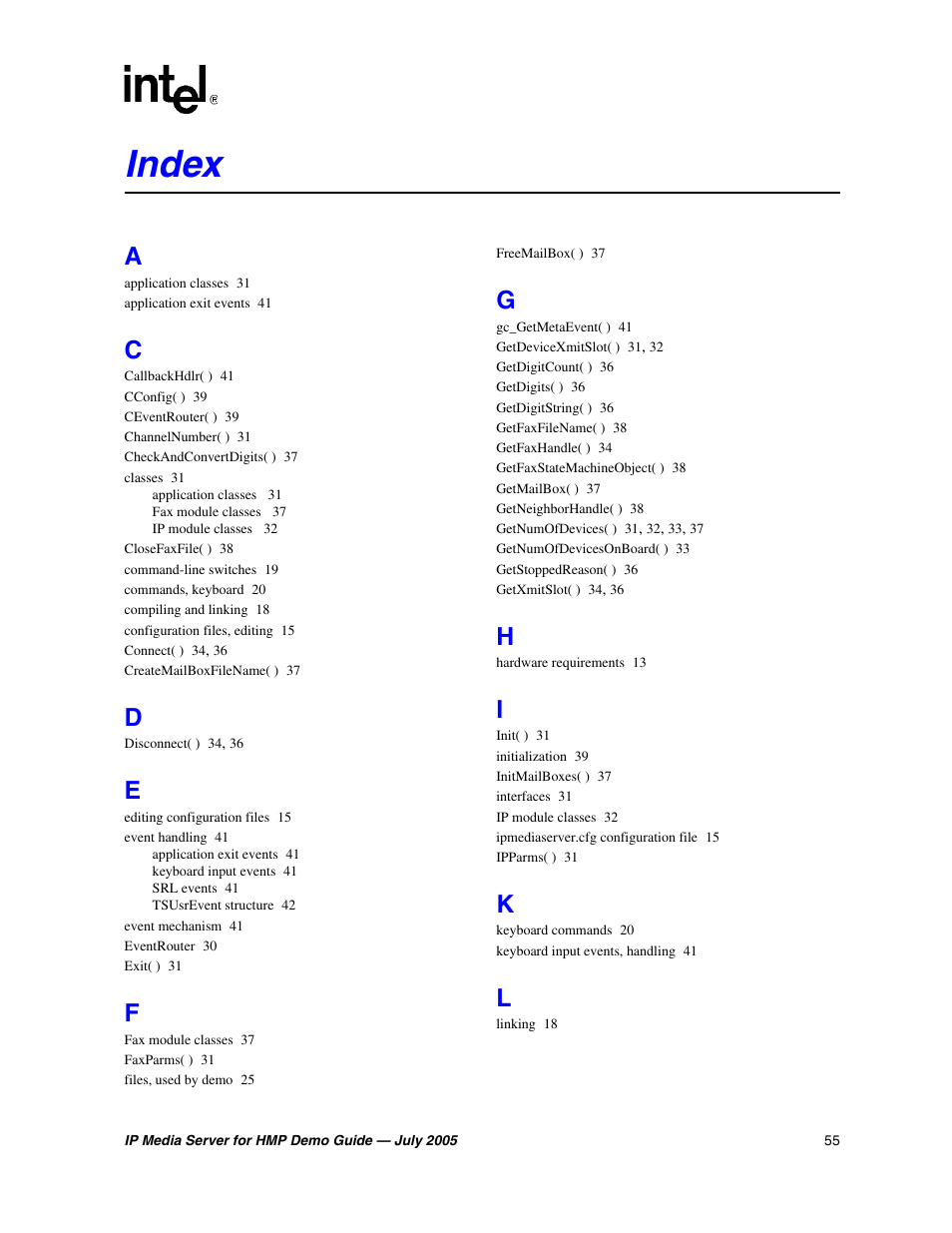 Index | Intel IP Media Server User Manual | Page 55 / 56