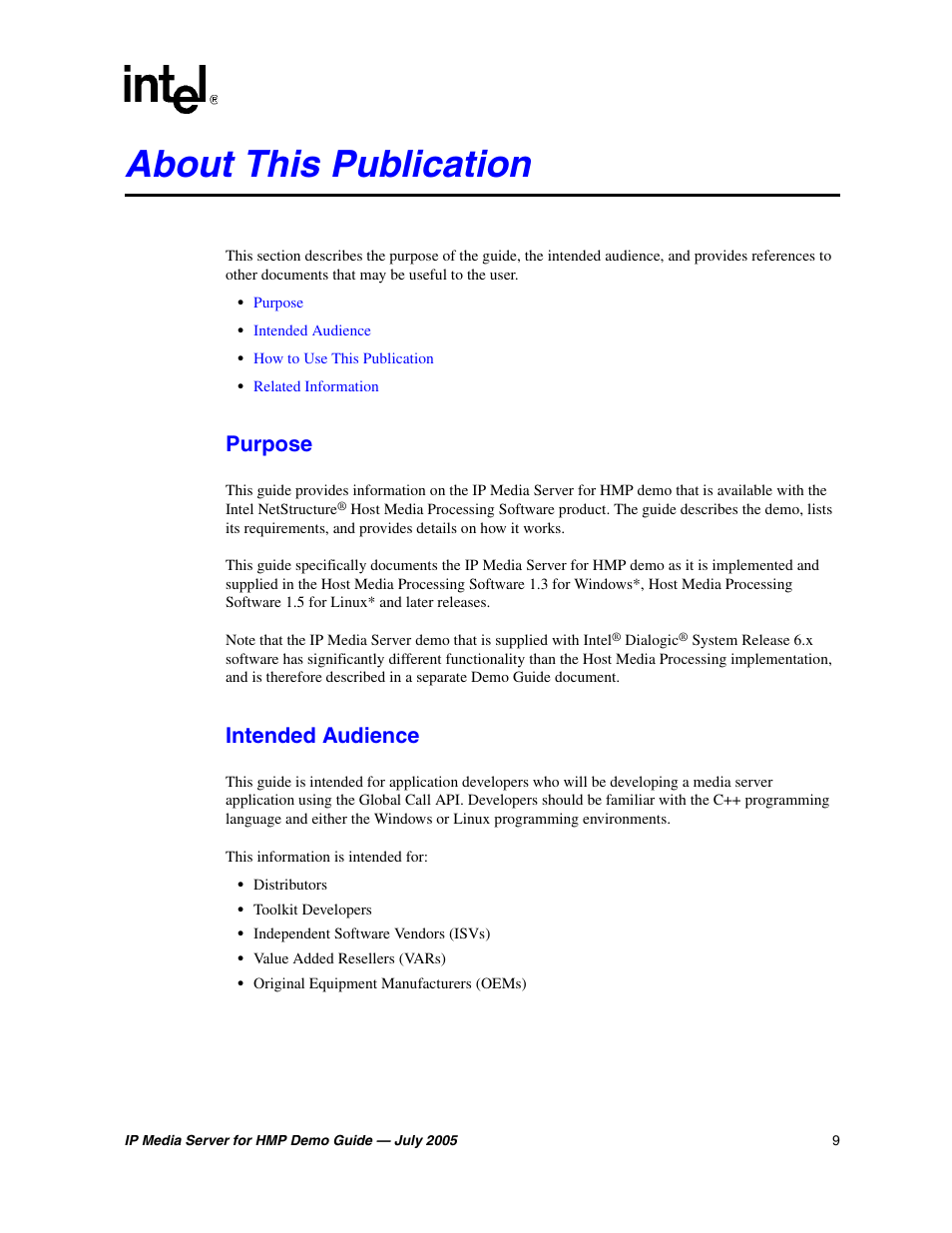 About this publication, Purpose, Intended audience | Intel IP Media Server User Manual | Page 9 / 56