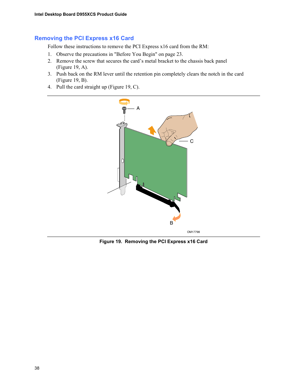 Removing the pci express x16 card | Intel D955XCS User Manual | Page 38 / 74