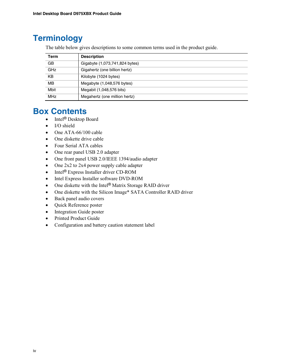 Terminology, Box contents | Intel D975XBX User Manual | Page 4 / 78