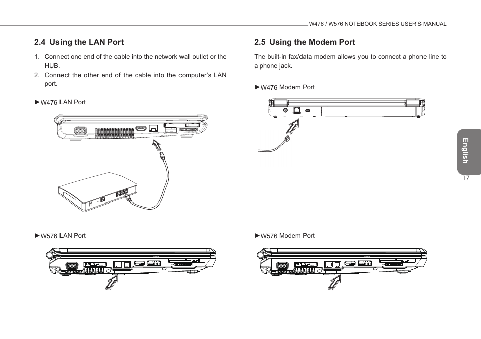 4 using the lan port, 5 using the modem port | Intel W476 User Manual | Page 24 / 36