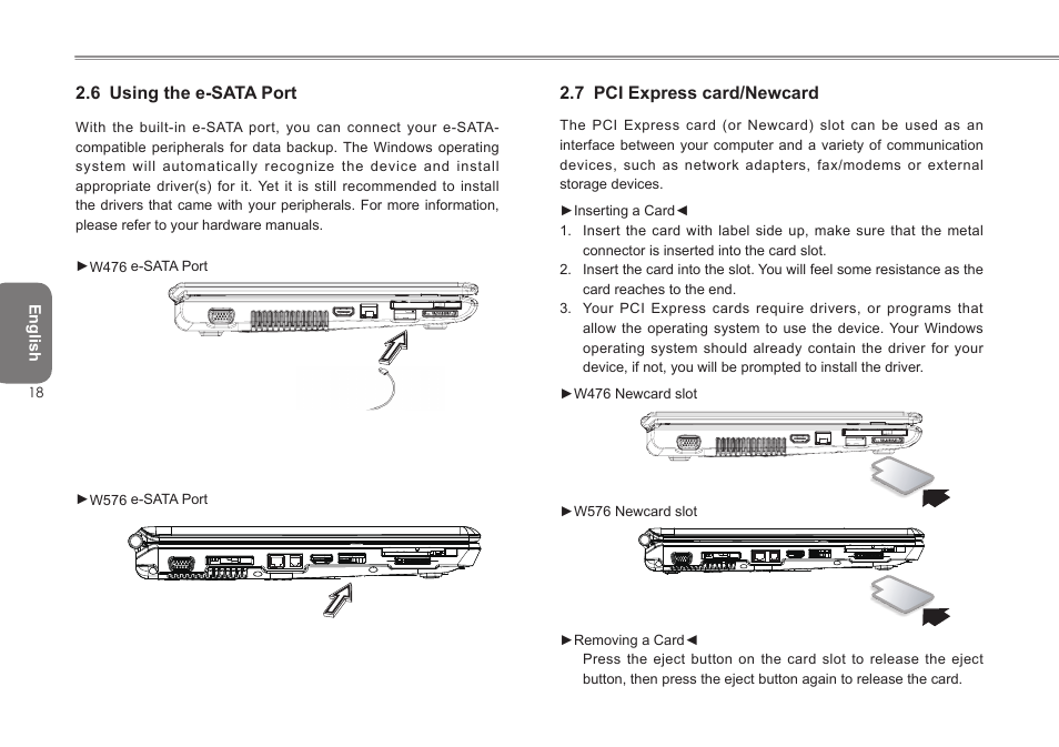 6 using the e-sata port, 7 pci express card/newcard | Intel W476 User Manual | Page 25 / 36