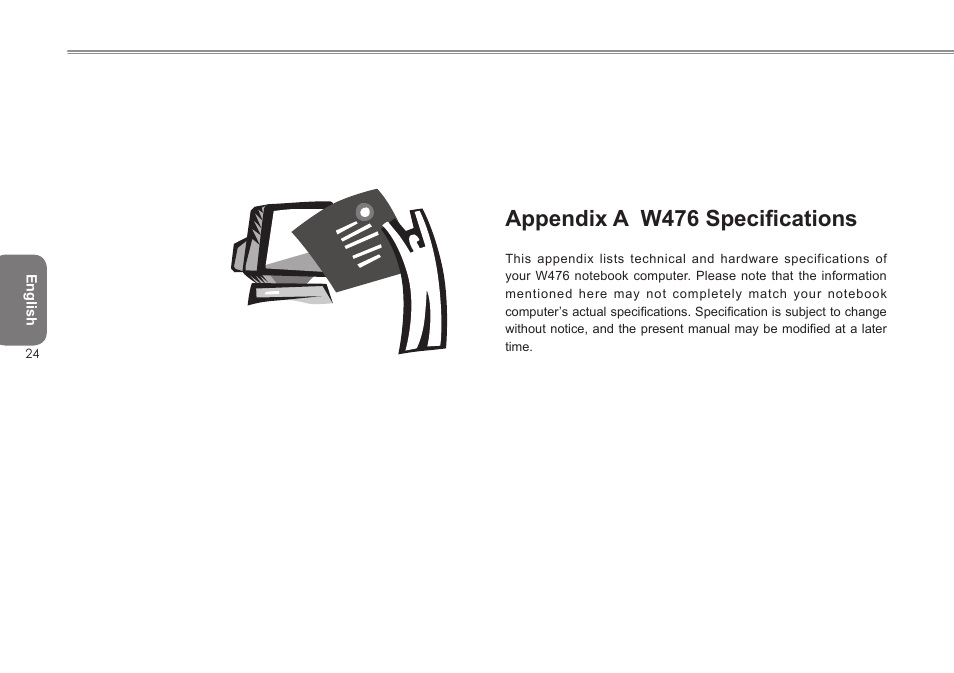 Appendix a w476 specifications | Intel W476 User Manual | Page 31 / 36