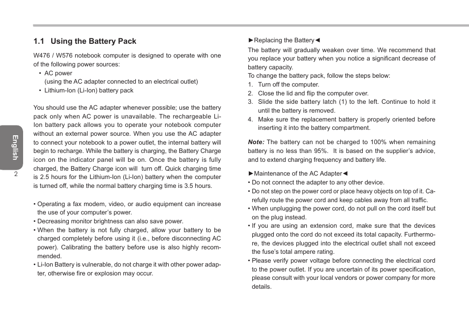 1 using the battery pack | Intel W476 User Manual | Page 9 / 36