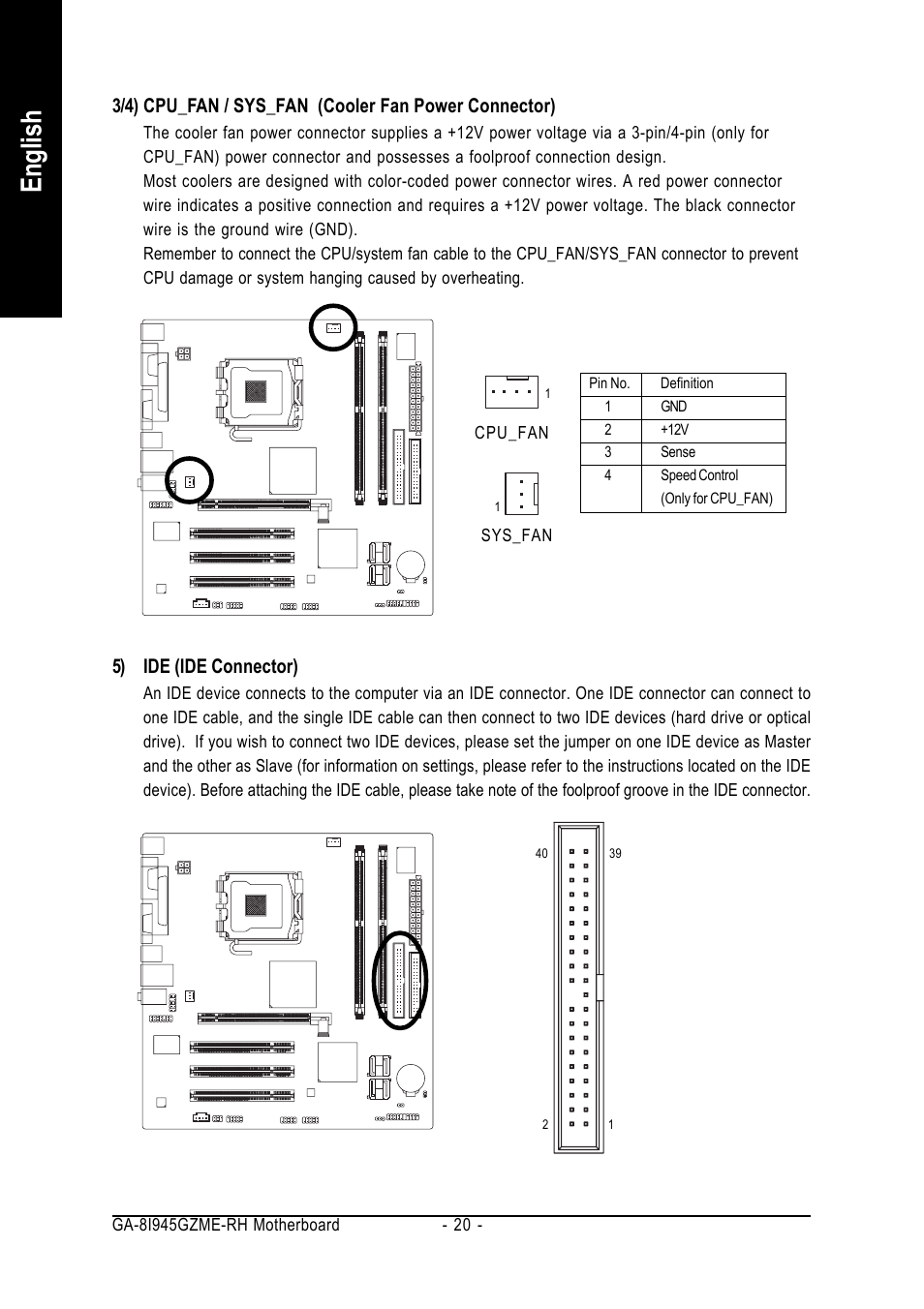 English, 5) ide (ide connector) | Intel GA-8I945GZME-RH User Manual | Page 20 / 80
