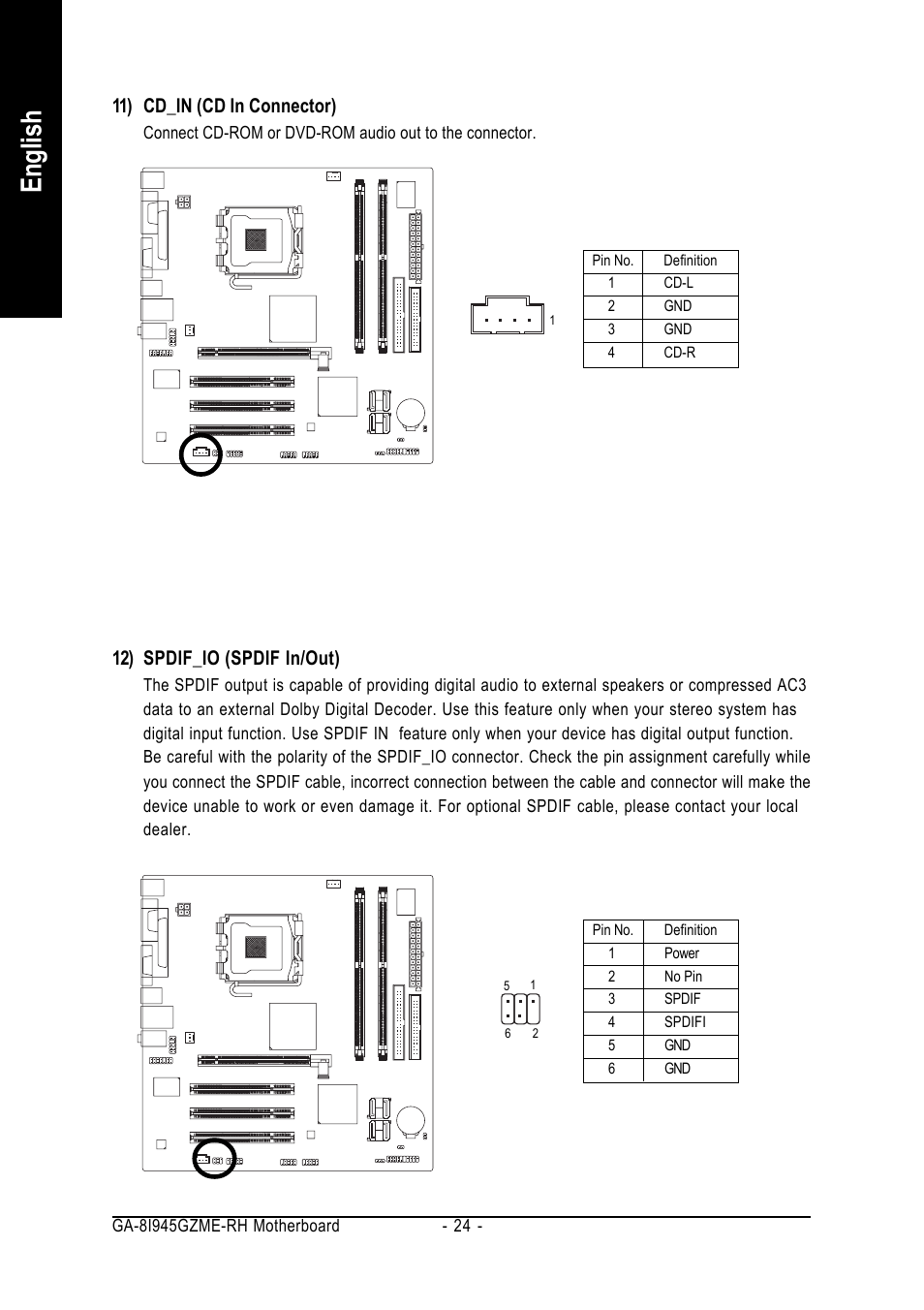 English, 11) cd_in (cd in connector), 12) spdif_io (spdif in/out) | Intel GA-8I945GZME-RH User Manual | Page 24 / 80