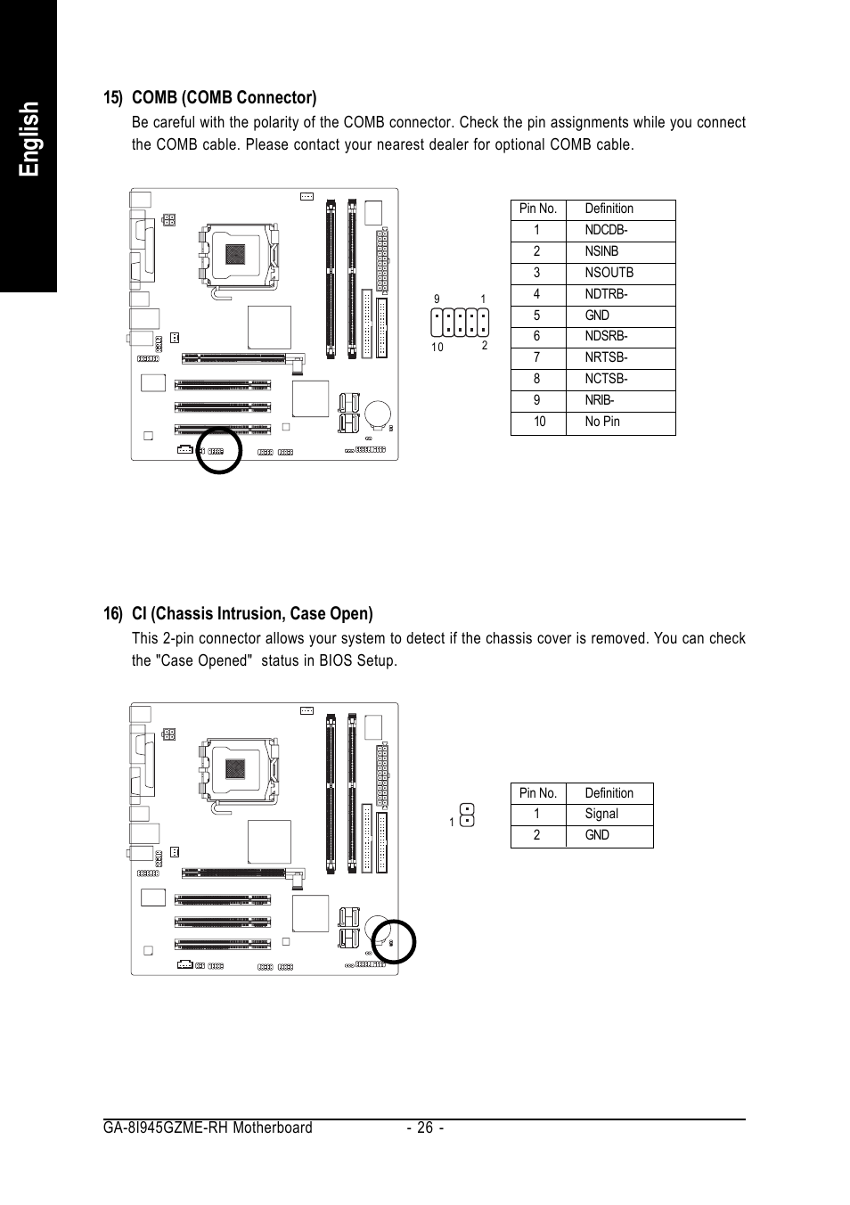 English, 16) ci (chassis intrusion, case open), 15) comb (comb connector) | Intel GA-8I945GZME-RH User Manual | Page 26 / 80