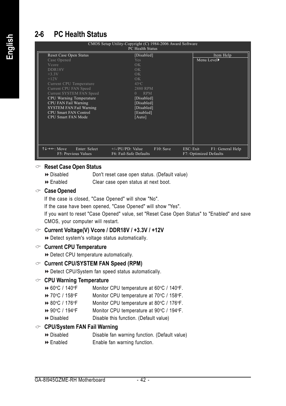 English, 6 pc health status, Reset case open status | Case opened, Current cpu temperature, Current cpu/system fan speed (rpm), Cpu warning temperature, Cpu/system fan fail warning | Intel GA-8I945GZME-RH User Manual | Page 42 / 80