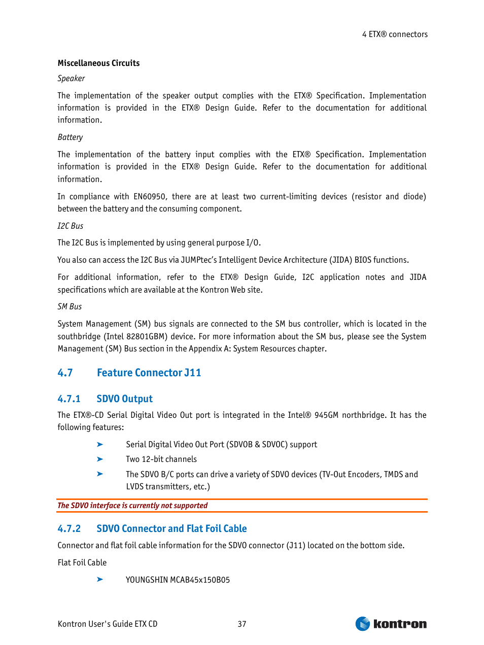 Feature connector j11, Sdvo output, Sdvo connector and flat foil cable | 7 feature connector j11 | Intel ETX CD User Manual | Page 37 / 91