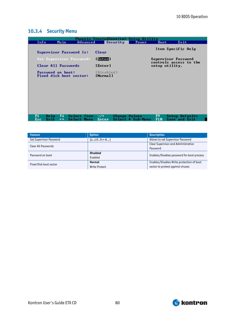 Security menu, 4 security menu | Intel ETX CD User Manual | Page 80 / 91
