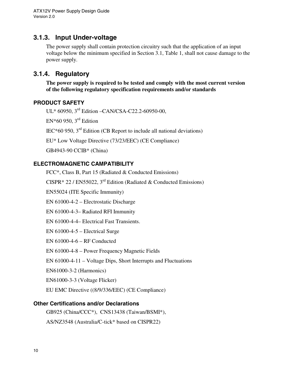 Input under-voltage, Regulatory | Intel ATX12V User Manual | Page 10 / 43