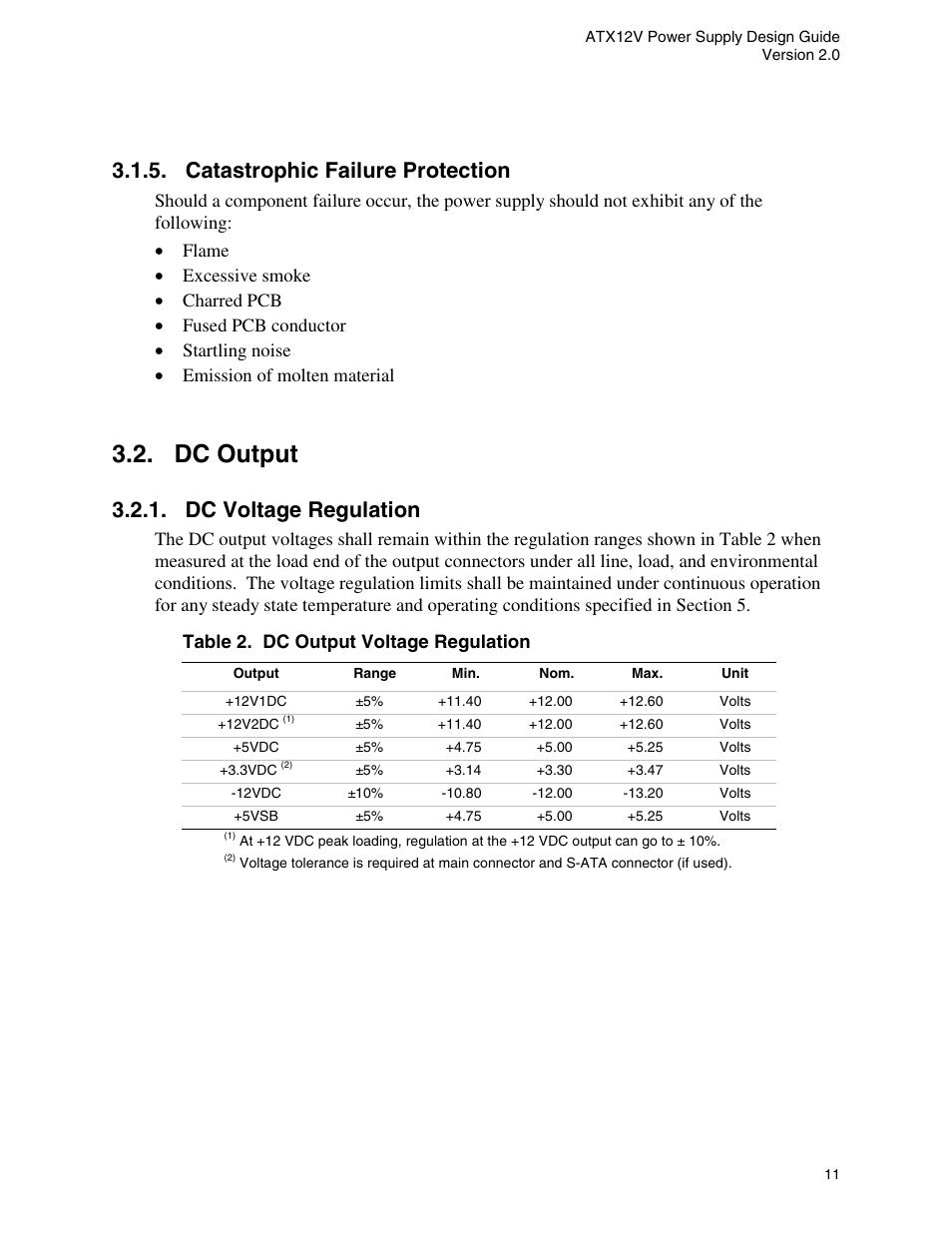 Catastrophic failure protection, Dc output, Dc voltage regulation | Table 2. dc output voltage regulation | Intel ATX12V User Manual | Page 11 / 43