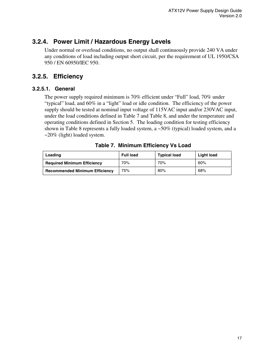 Power limit / hazardous energy levels, Efficiency, Table 7. minimum efficiency vs load | Intel ATX12V User Manual | Page 17 / 43