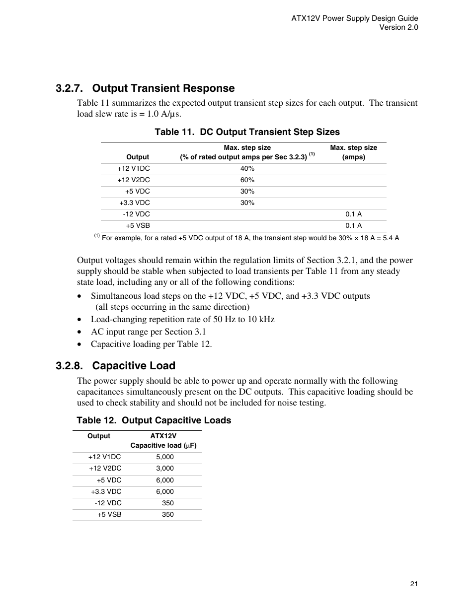 Output transient response, Capacitive load, Table 11. dc output transient step sizes | Table 12. output capacitive loads | Intel ATX12V User Manual | Page 21 / 43